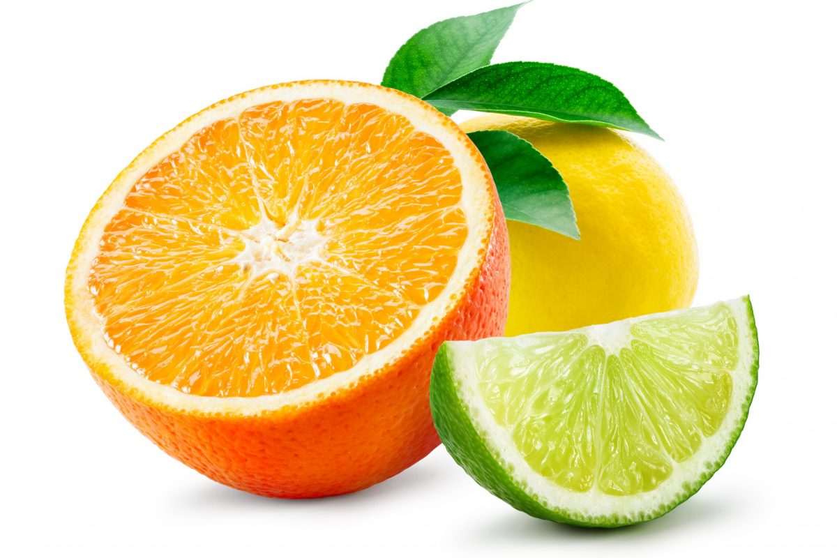 Citrus composition. Fruit with leaves isolated on white background. Orange, lemon, lime.